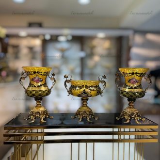 ست گلدان و آجیل‌خوری یشمی طلاکوب با طلاکاری ۱۲ عیار مناسب دکوراسیون لوکس و پذیرایی