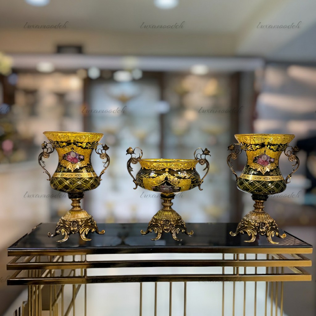 ست گلدان و آجیل‌خوری یشمی طلاکوب با طلاکاری ۱۲ عیار مناسب دکوراسیون لوکس و پذیرایی