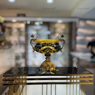 میوه‌خوری سرمه‌ای طلاکوب گلدوی تراش‌دار با کریستال تراش‌دار و طلاکاری ۱۲ عیار