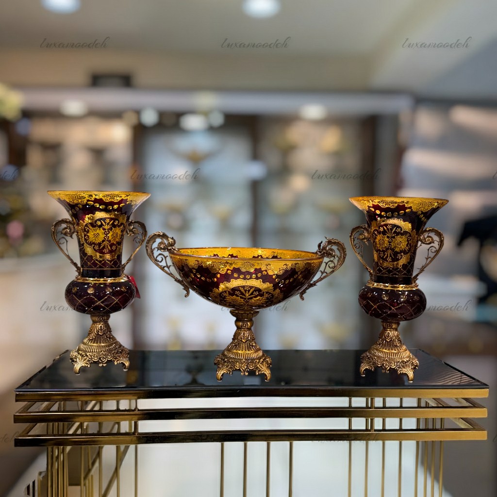 ست گلدان و میوه‌خوری طلاکوب هارتز تراش‌دار مدل 6000 زرشکی با کریستال تراشدار و طلاکاری ۱۲ عیار