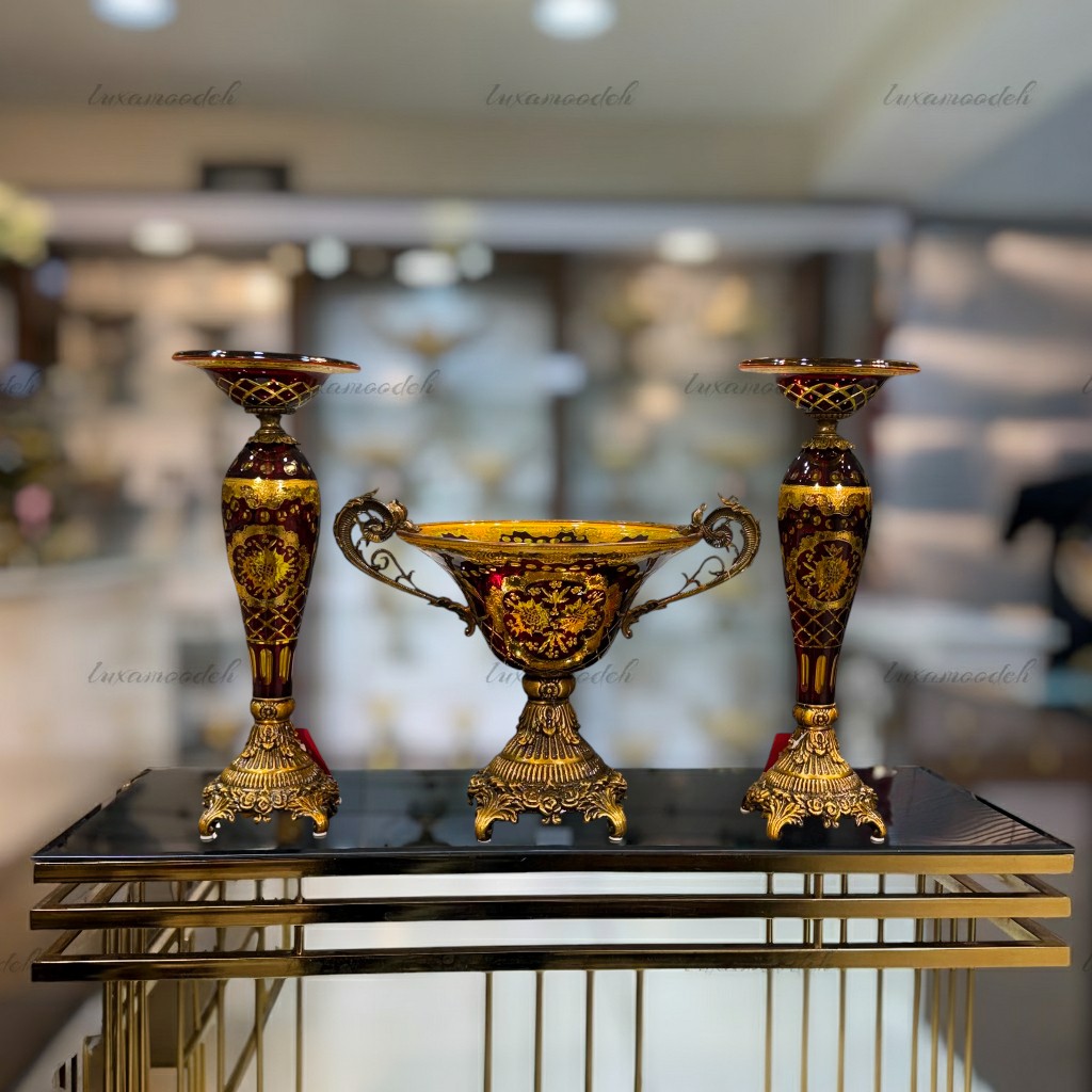 ست شمعدان و میوه‌خوری طلاکوب هارتز تراش‌دار مدل 6013 زرشکی با کریستال تراش‌دار و طلاکاری ۱۲ عیار