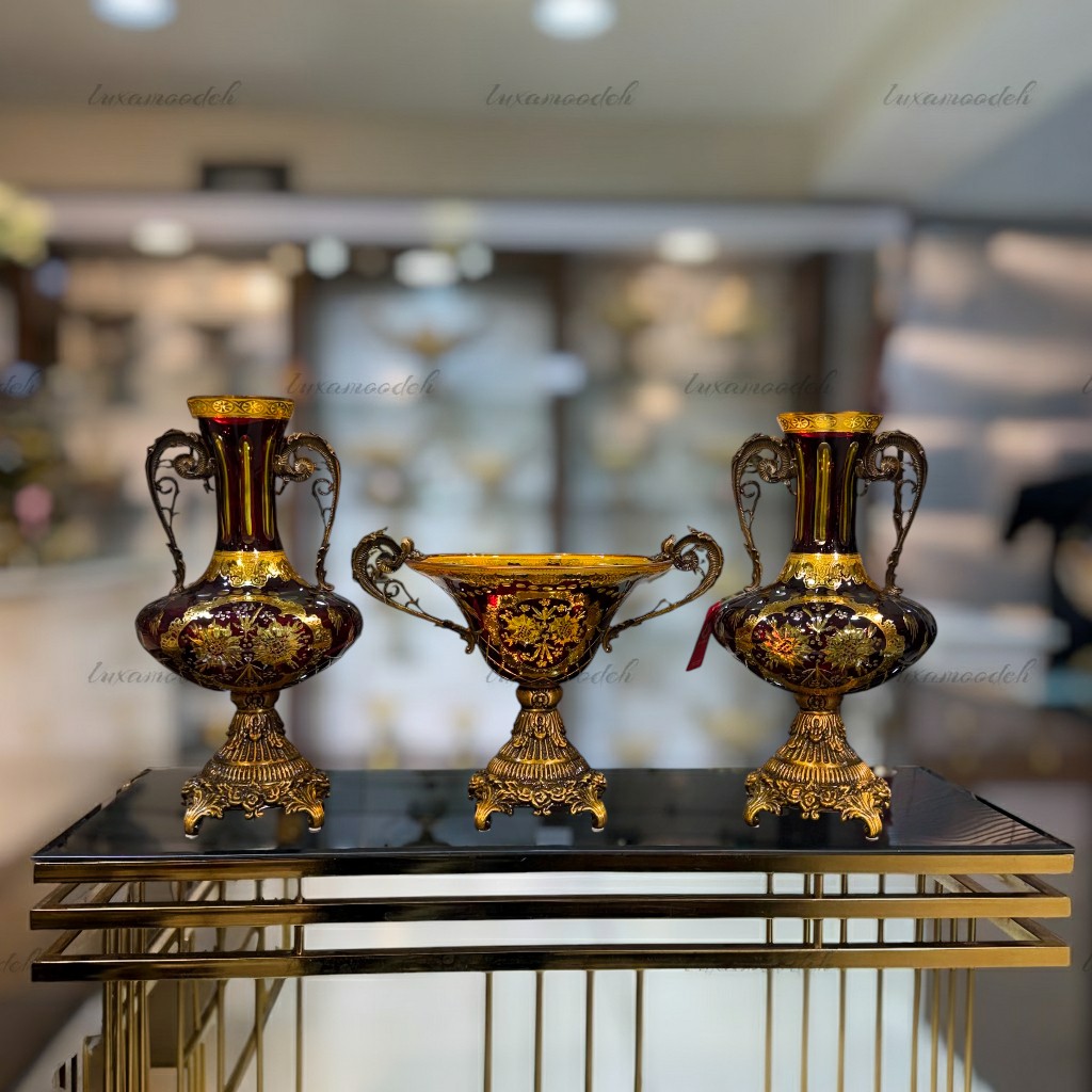 ست گلدان و آجیل‌خوری طلاکوب هارتز تراش‌دار مدل 60136129 زرشکی با کریستال تراش‌دار و طلاکاری ۱۲ عیار