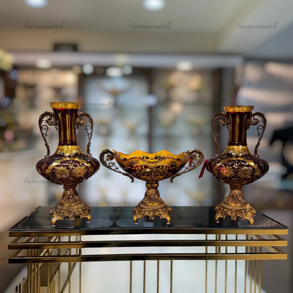 ست گلدان و آجیل‌خوری طلاکوب هارتز تراش‌دار مدل 6024 زرشکی با کریستال تراش‌دار و طلاکاری ۱۲ عیار