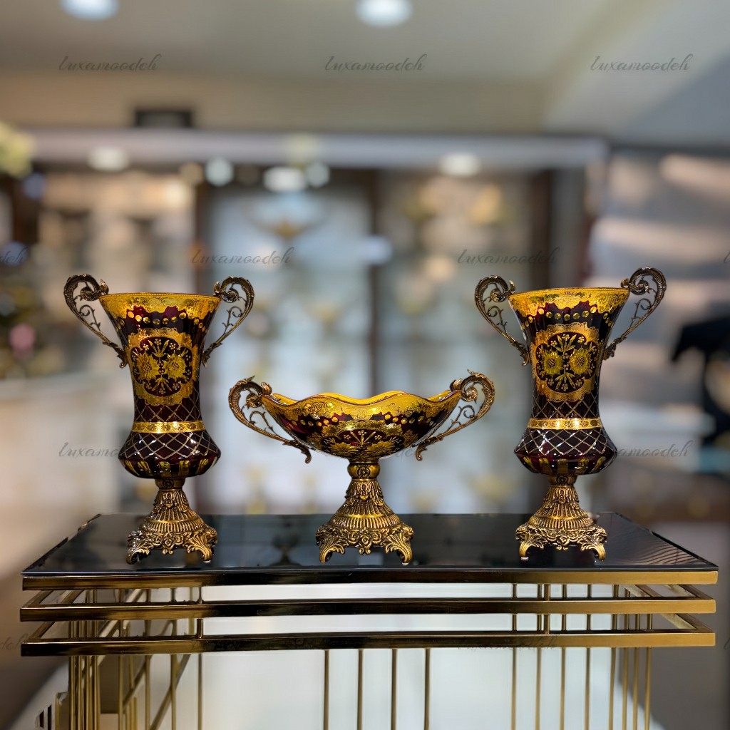 ست گلدان و آجیل‌خوری طلاکوب هارتز تراش‌دار مدل 60246112 زرشکی با کریستال تراش‌دار و طلاکاری ۱۲ عیار