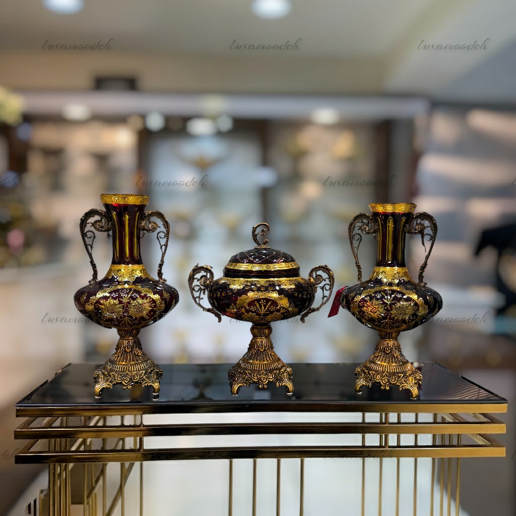 ست گلدان و شکلات‌خوری طلاکوب هارتز تراش‌دار مدل 6025 زرشکی با کریستال تراش‌دار و طلاکاری ۱۲ عیار