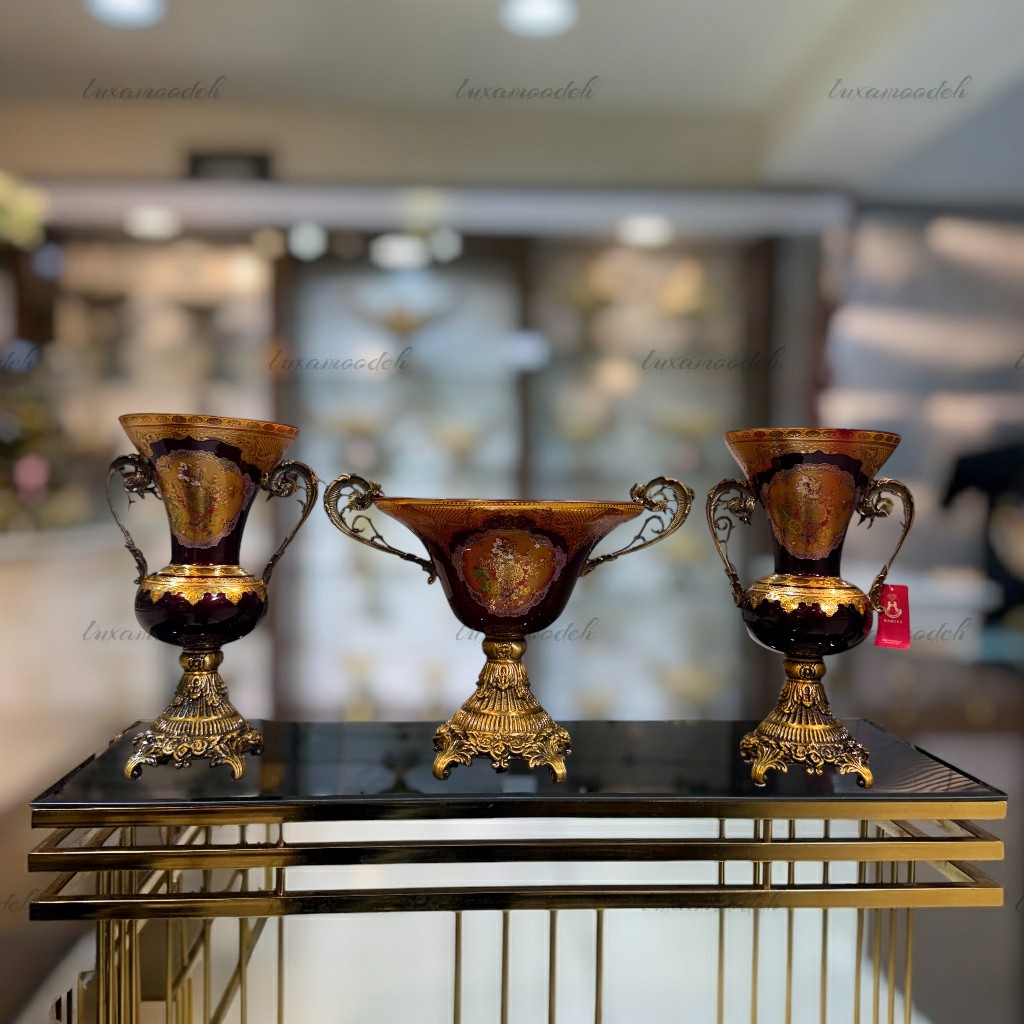 ست گلدان و میوه‌خوری طلاکوب دوپوسته هارتز قرمز با کریستال طلاکوب و طلاکاری ۱۲ عیار