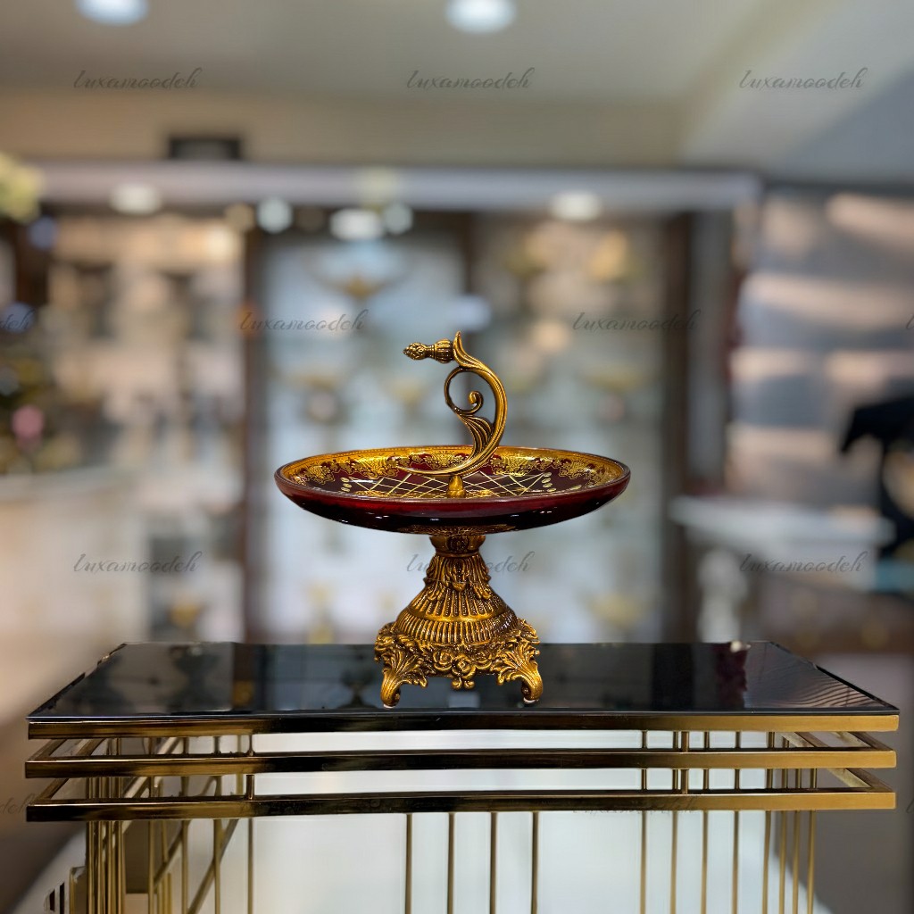 شیرینی‌خوری طلاکوب هارتز تراش‌دار قرمز با کریستال تراش‌دار و طلاکاری ۱۲ عیار، مناسب دکوراسیون لوکس و پذیرایی