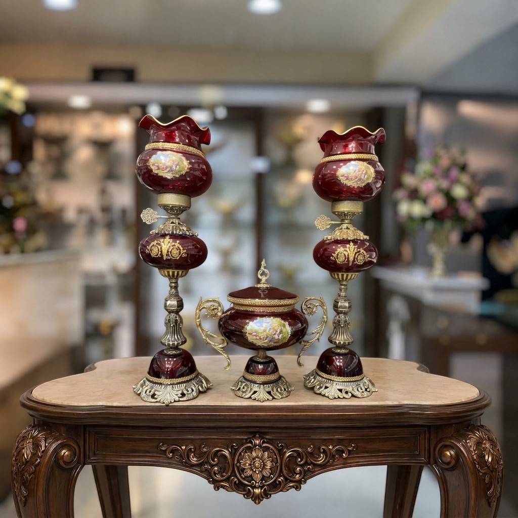 Crimped-Rim-Candlestick-and-Chocolate-Dish-Set-Model-255232-Crimson ست شمعدان لب چین فیتیله و شکلات خوری مدل 255232 زرشکی