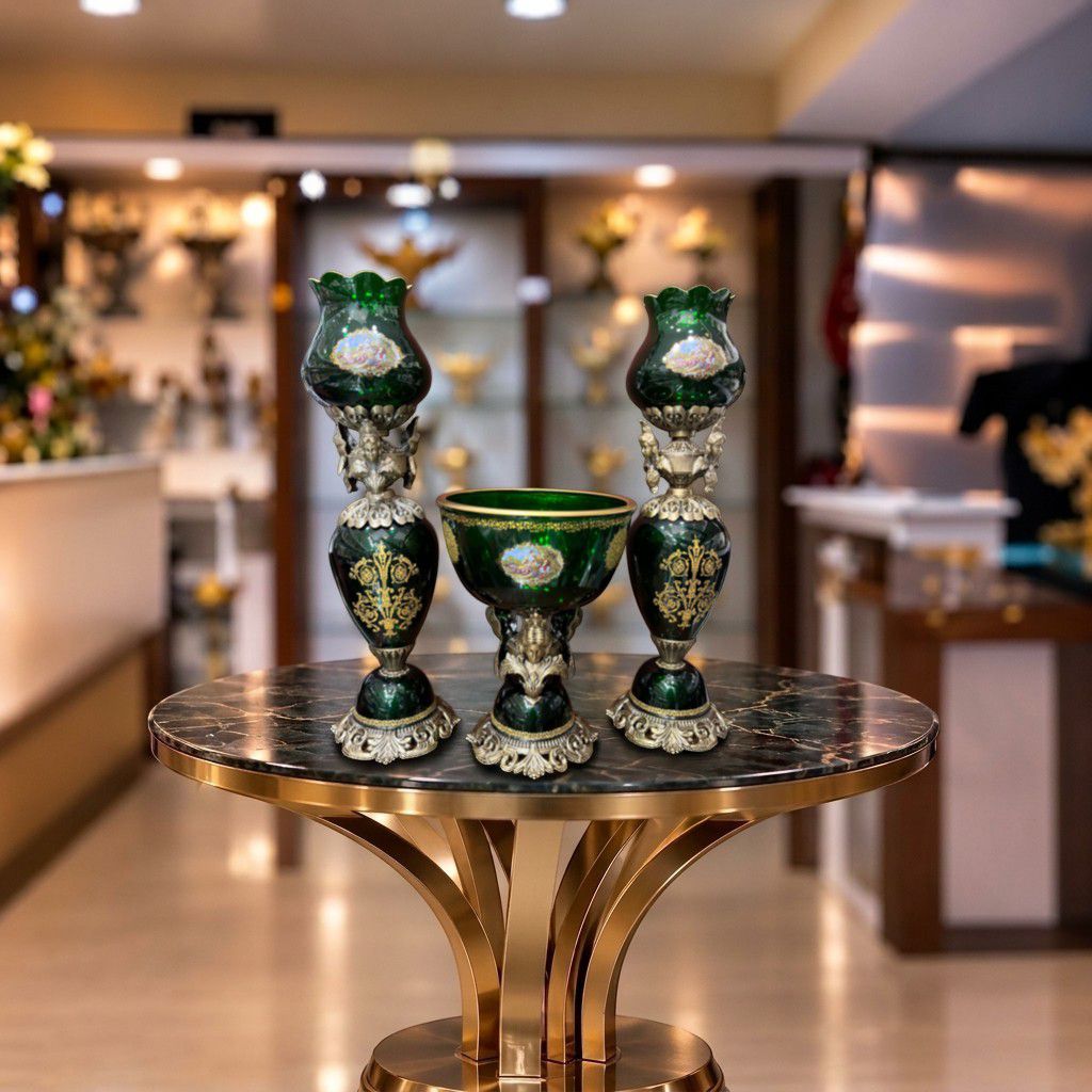 Scalloped-edge-candle-holder-and-Super-Size-1-bowl-set-Model-238212-Green ست شمعدان لب دالبری و کاسه سوپر سایز 1 مدل 238212 سبز