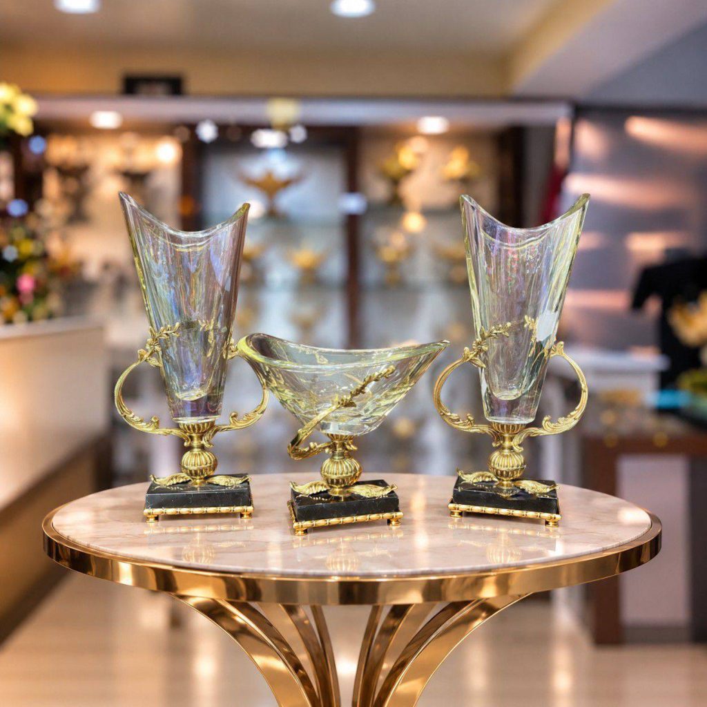 ست سه‌تکه کریستال عسلی پایه سنگی